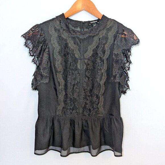 Express | Black Lace Organza Short Sleeve Peplum Top | Size Small - Picture 5 of 13